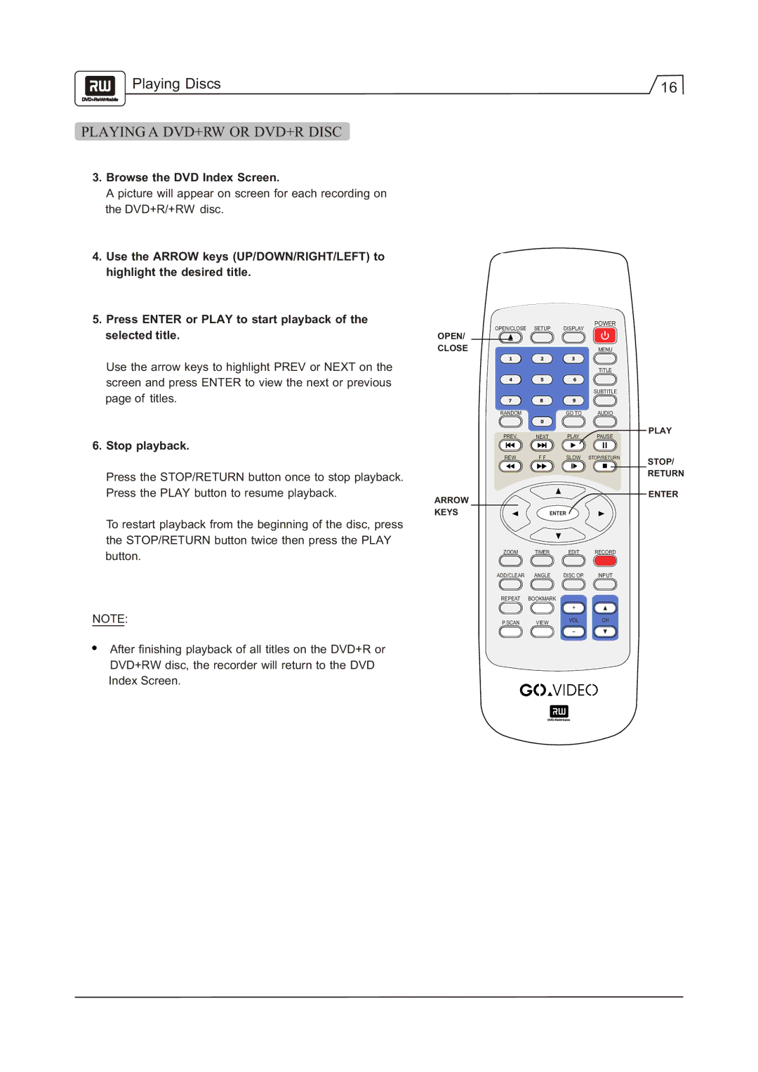 Go-Video R 6640 manual Browse the DVD Index Screen 