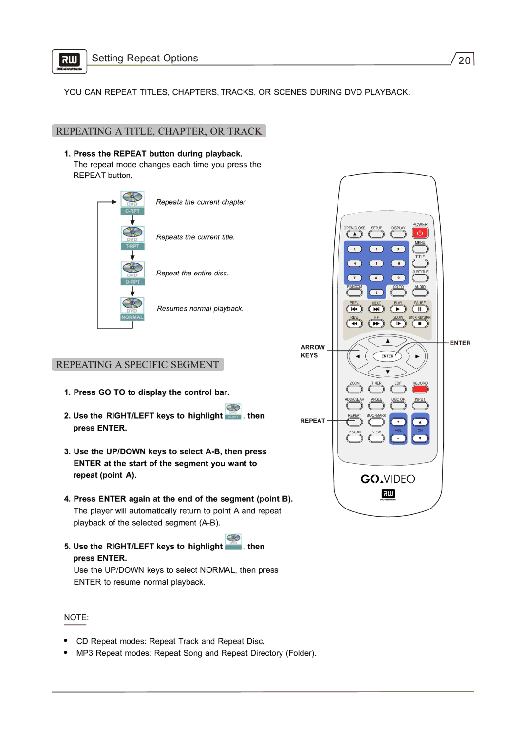 Go-Video R 6640 manual Setting Repeat Options, Repeating a TITLE, CHAPTER, or Track, Repeating a Specific Segment 