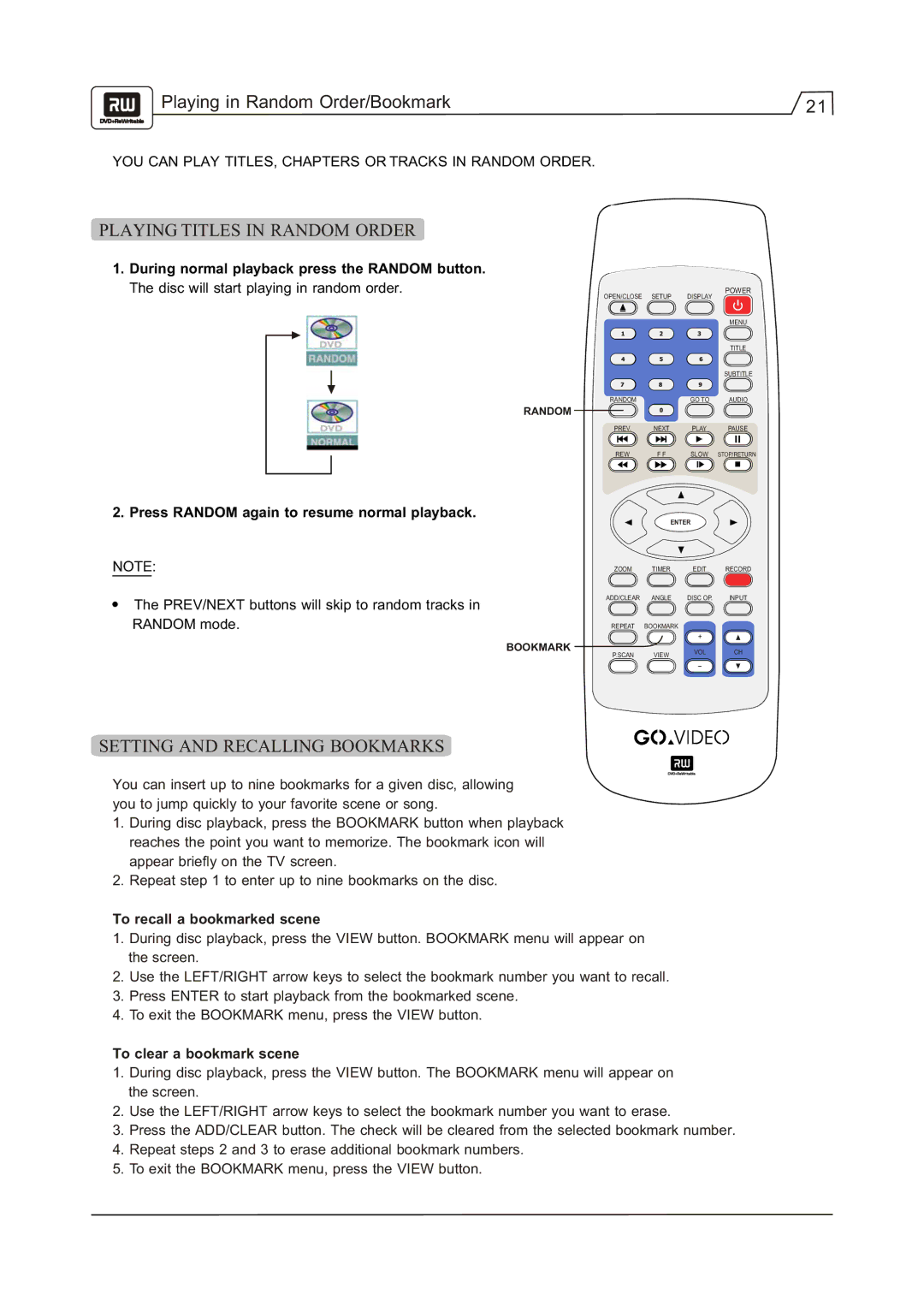 Go-Video R 6640 manual Playing in Random Order/Bookmark, Playing Titles in Random Order, Setting and Recalling Bookmarks 