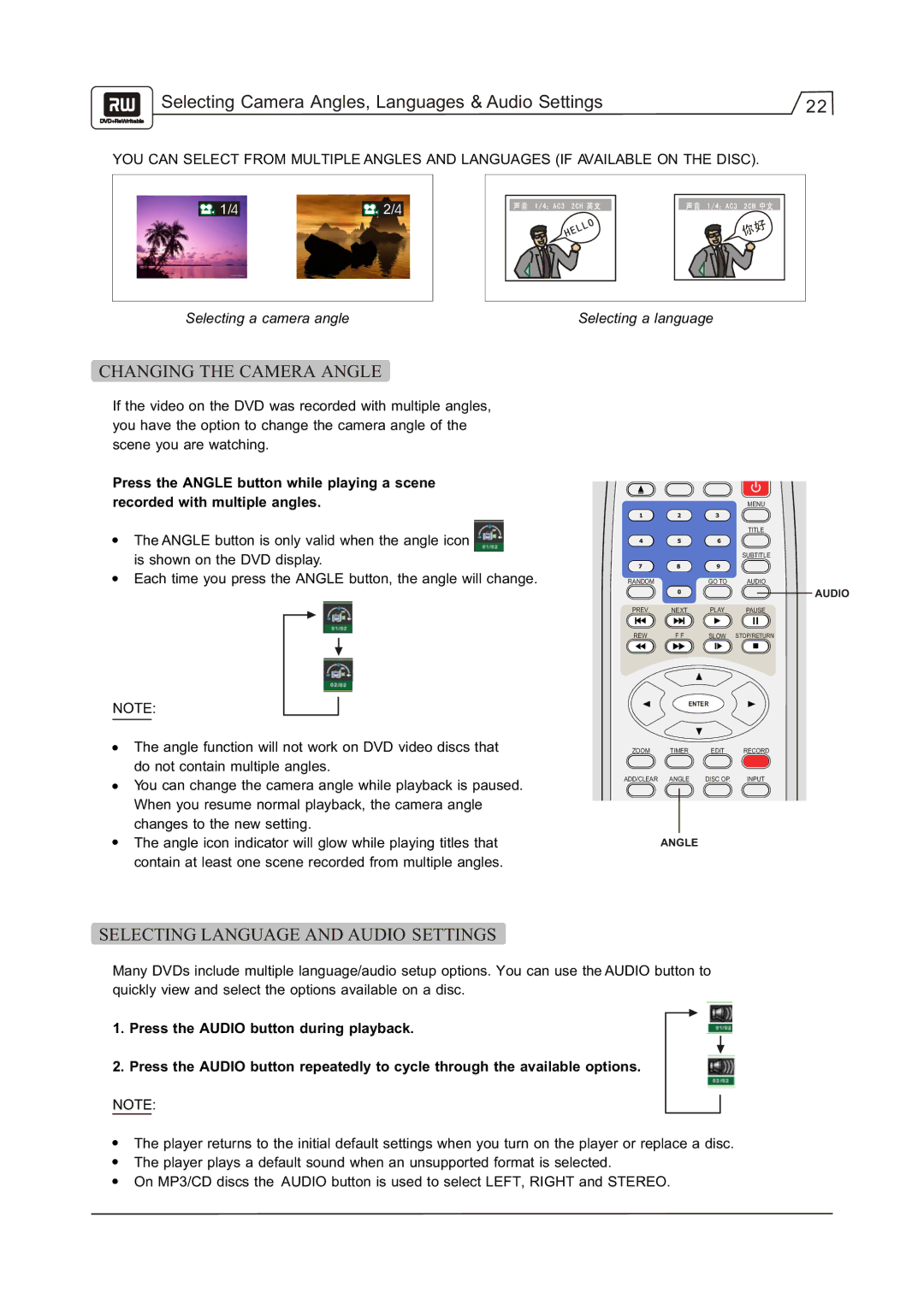 Go-Video R 6640 manual Selecting Camera Angles, Languages & Audio Settings, Changing the Camera Angle 