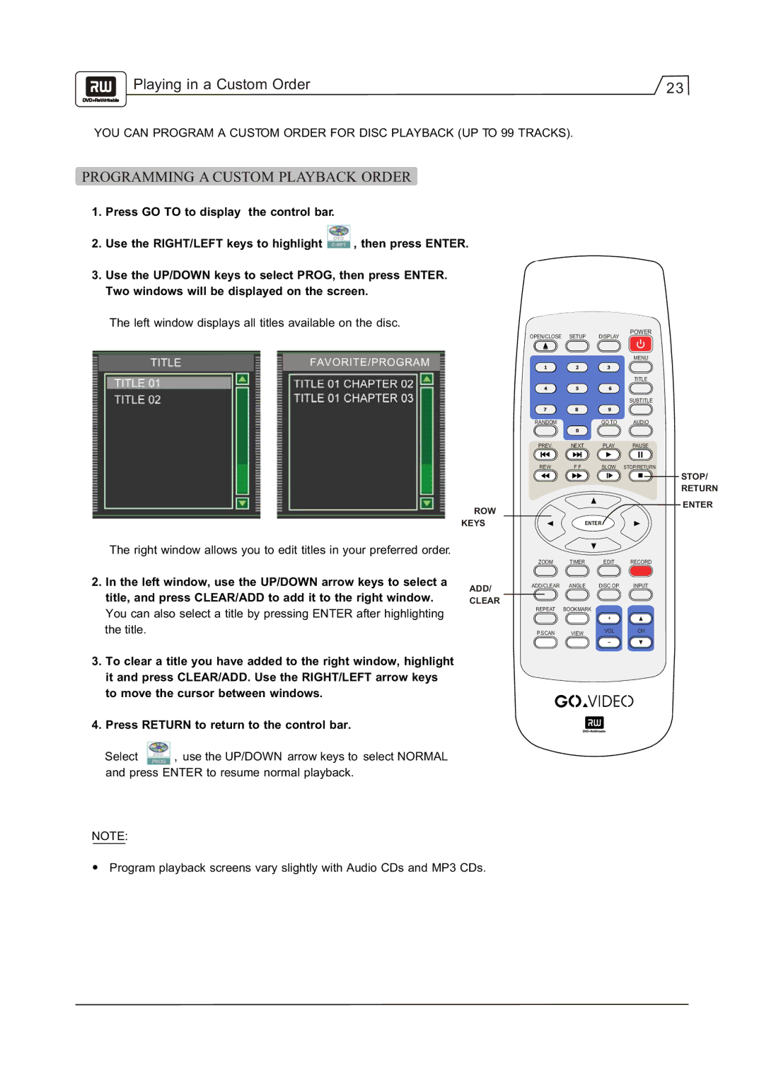 Go-Video R 6640 manual Playing in a Custom Order, Programming a Custom Playback Order 