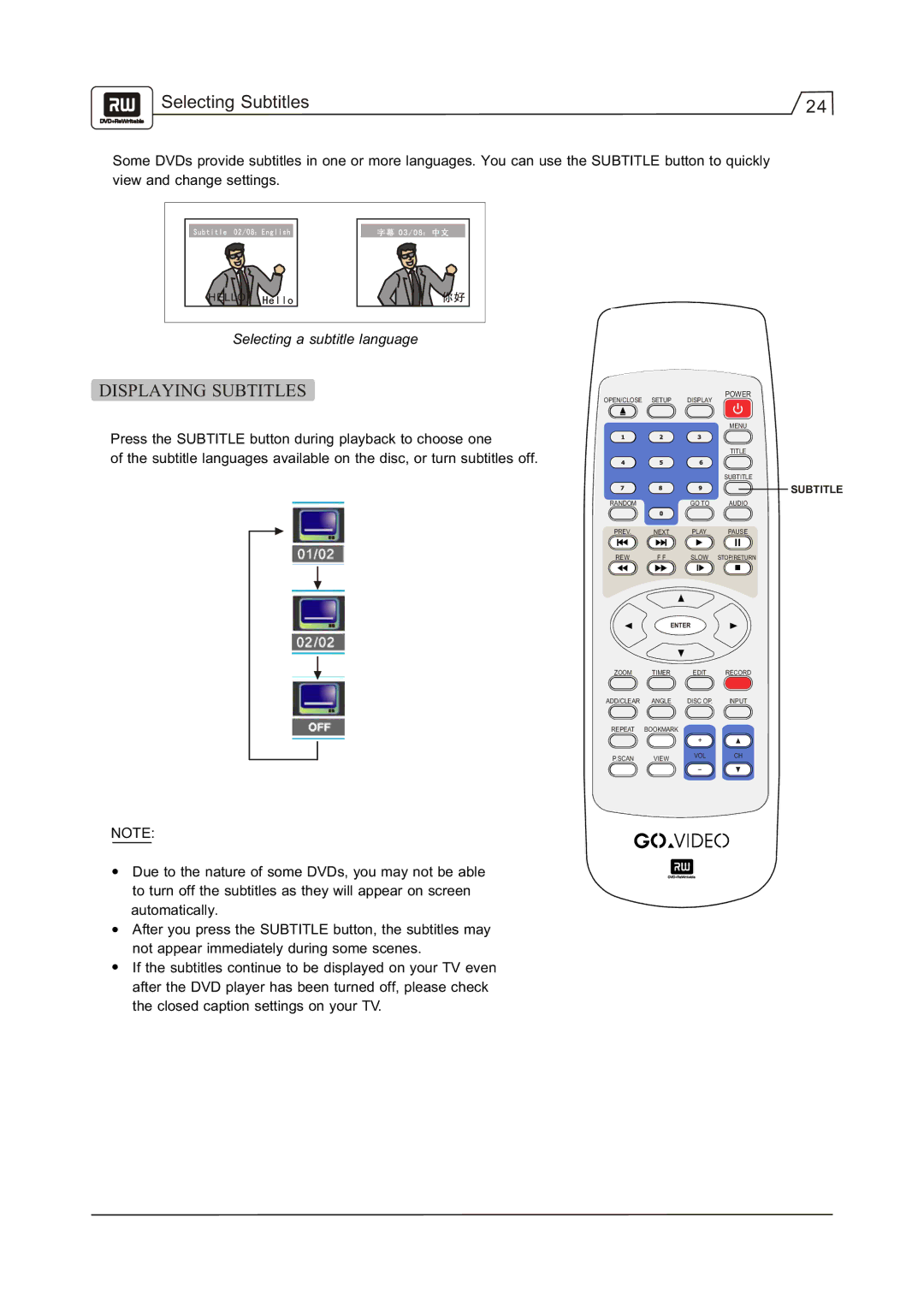 Go-Video R 6640 manual Selecting Subtitles, Displaying Subtitles 