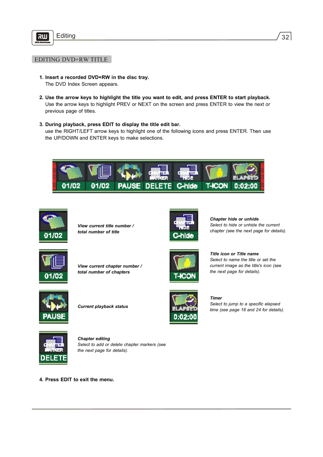 Go-Video R 6640 manual Editing DVD+RW Title, Press Edit to exit the menu 