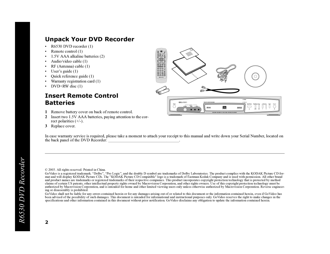 Go-Video R6530 manual Unpack Your DVD Recorder, Insert Remote Control Batteries 