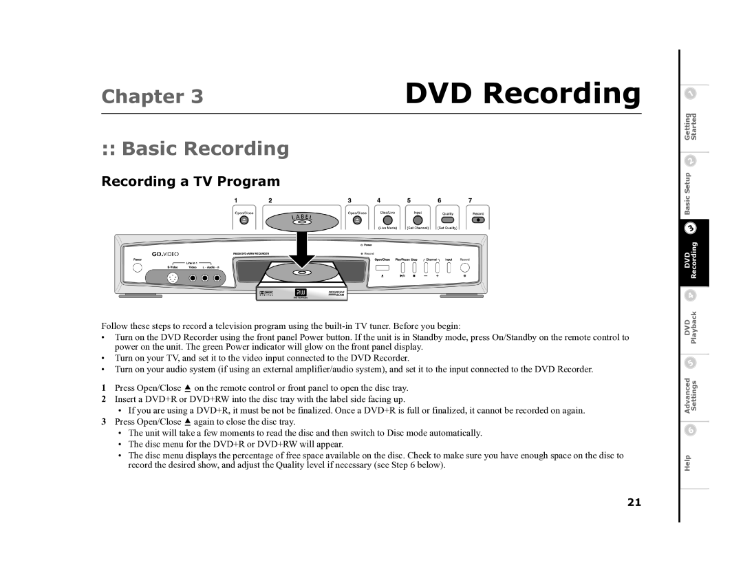 Go-Video R6530 manual Basic Recording, Recording a TV Program 