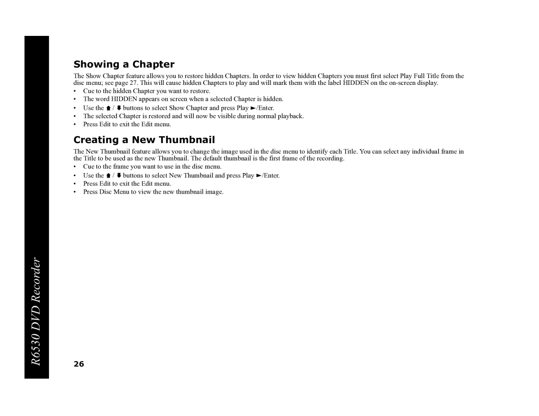 Go-Video R6530 manual Showing a Chapter, Creating a New Thumbnail 