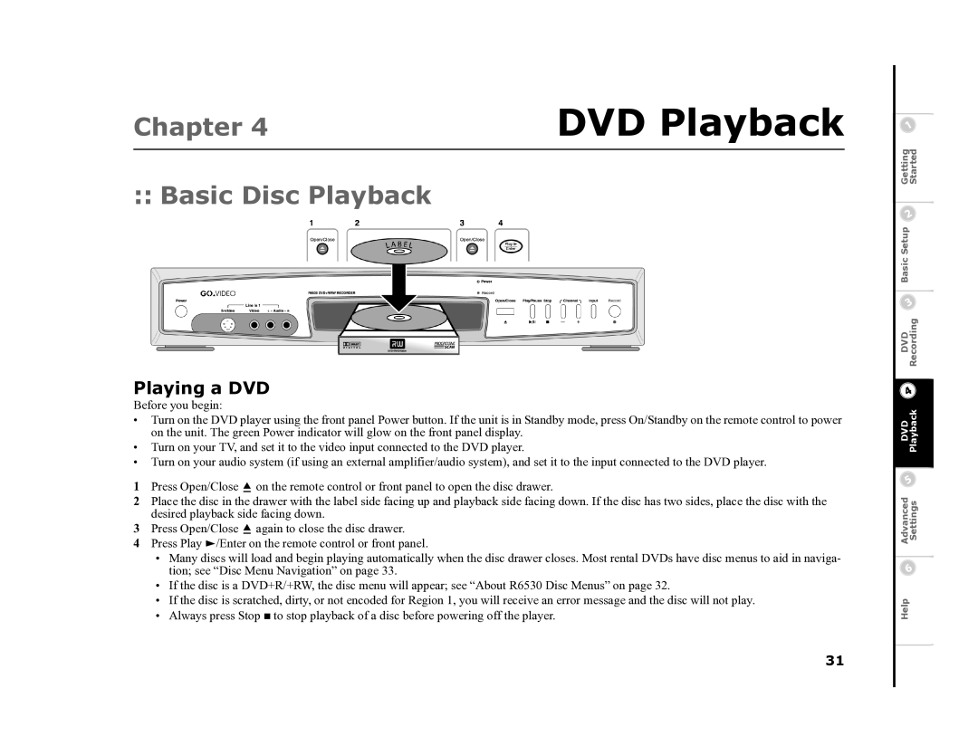 Go-Video R6530 manual Basic Disc Playback, Playing a DVD 