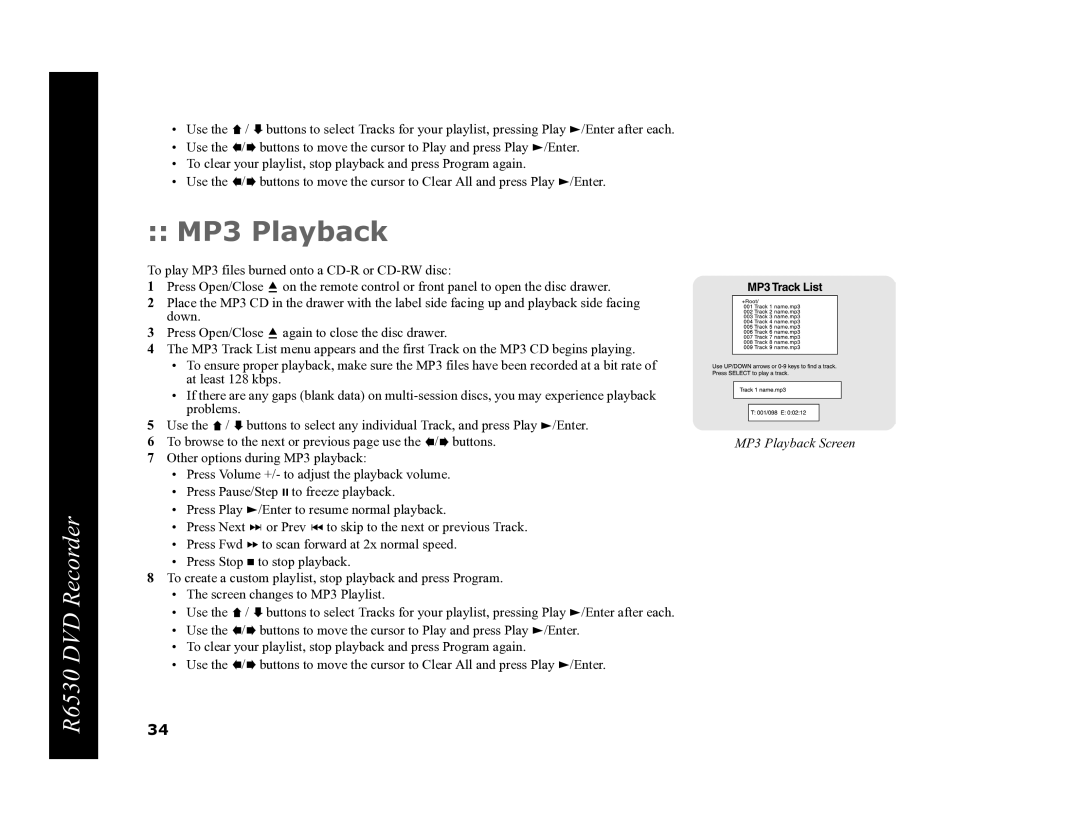 Go-Video R6530 manual MP3 Playback, To browse to the next or previous page use the / buttons 