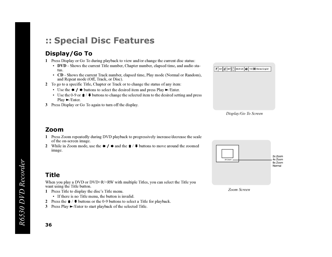 Go-Video R6530 manual Special Disc Features, Display/Go To, Zoom, Title 