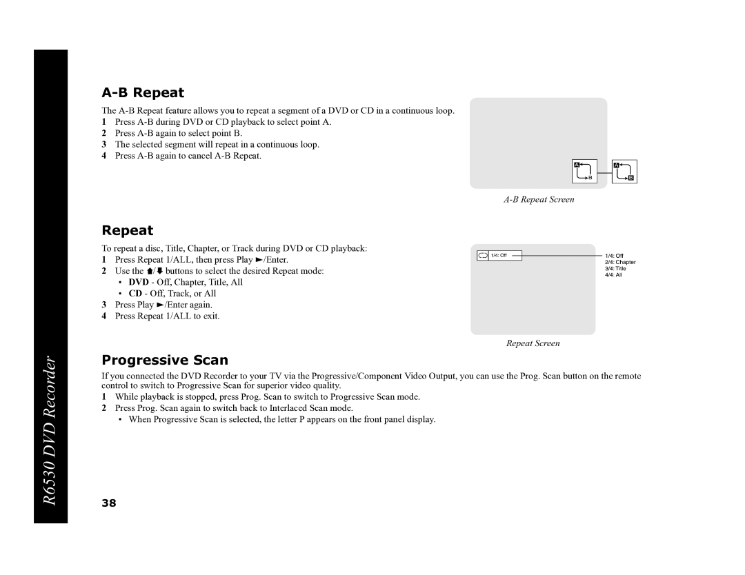 Go-Video R6530 manual Repeat, Progressive Scan 