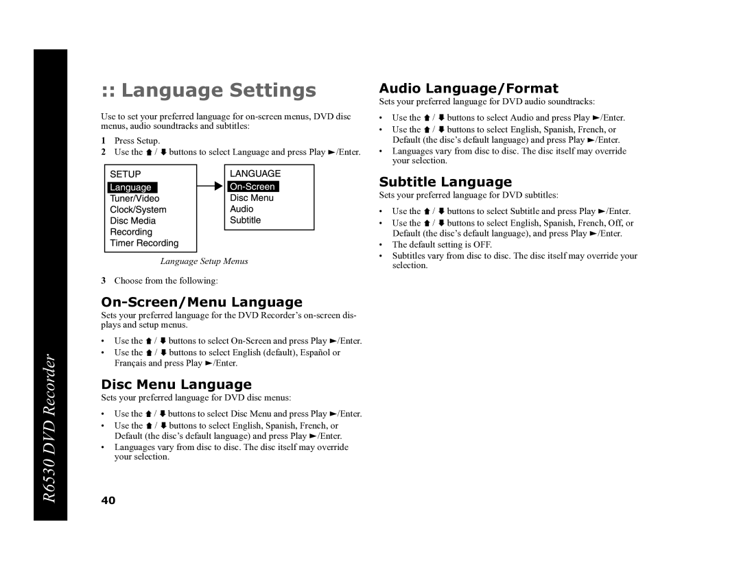 Go-Video R6530 Language Settings, On-Screen/Menu Language, Disc Menu Language, Audio Language/Format, Subtitle Language 