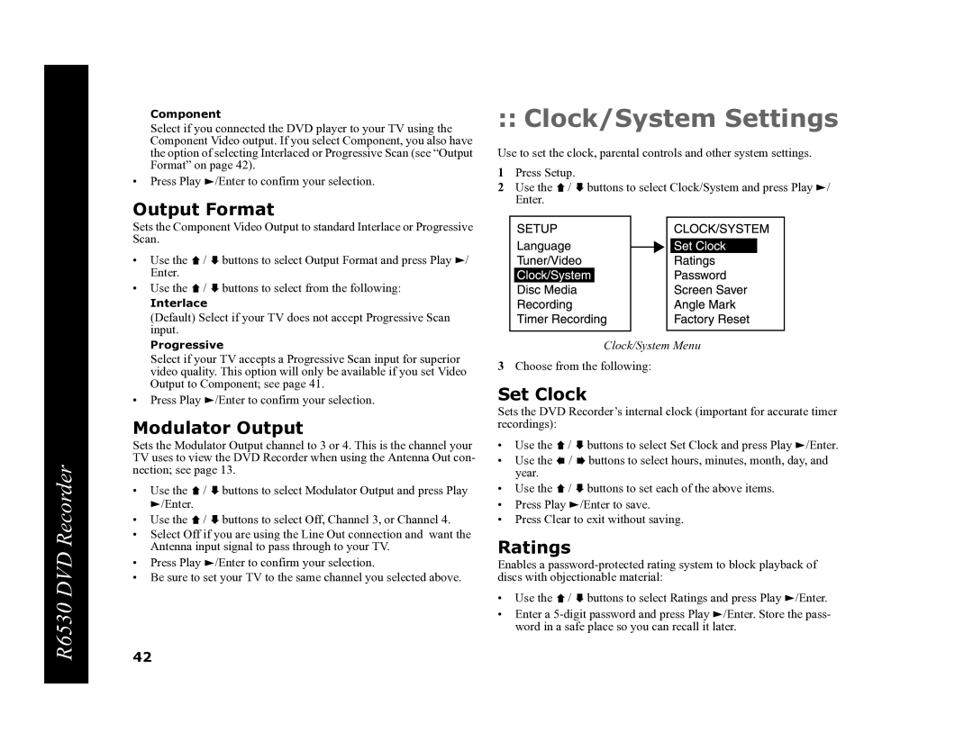 Go-Video R6530 manual Clock/System Settings, Output Format, Modulator Output, Set Clock, Ratings 