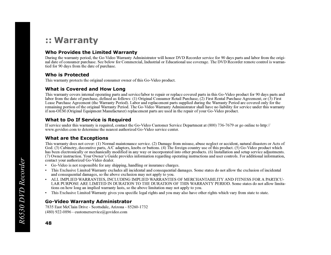 Go-Video R6530 manual Who Provides the Limited Warranty 