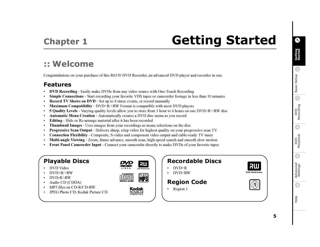 Go-Video R6530 manual Chapter, Welcome, Features, Playable Discs, Region Code 