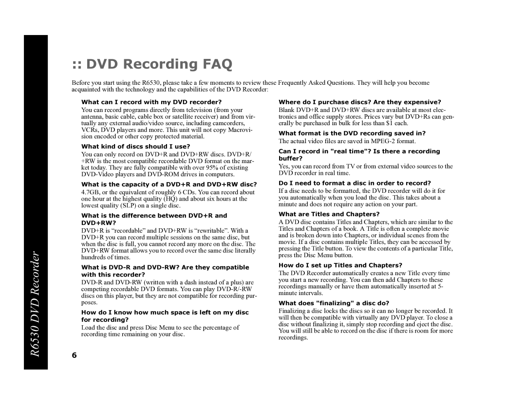 Go-Video R6530 manual DVD Recording FAQ 