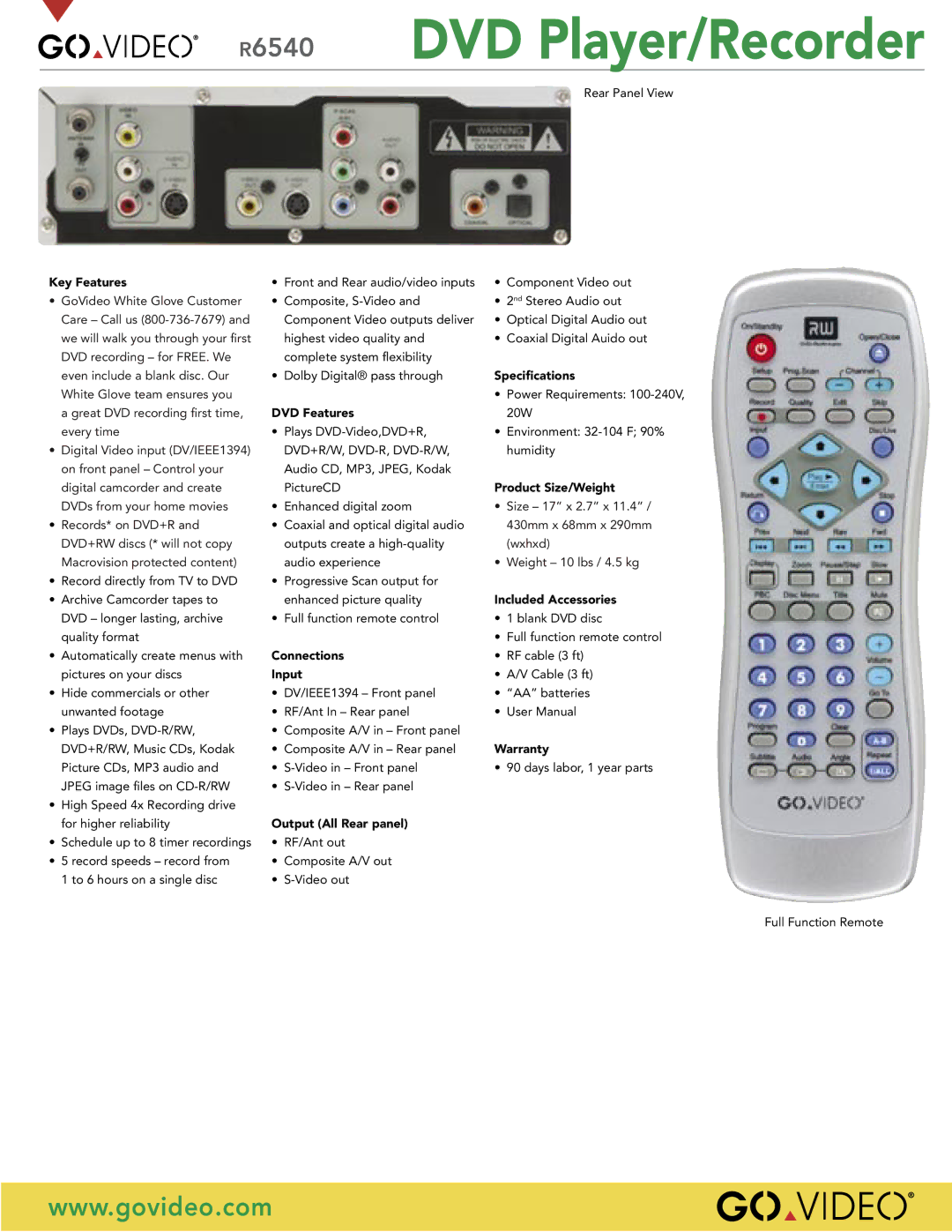 Go-Video R6540 Key Features, Speciﬁcations, DVD Features, Product Size/Weight, Included Accessories, Connections, Input 