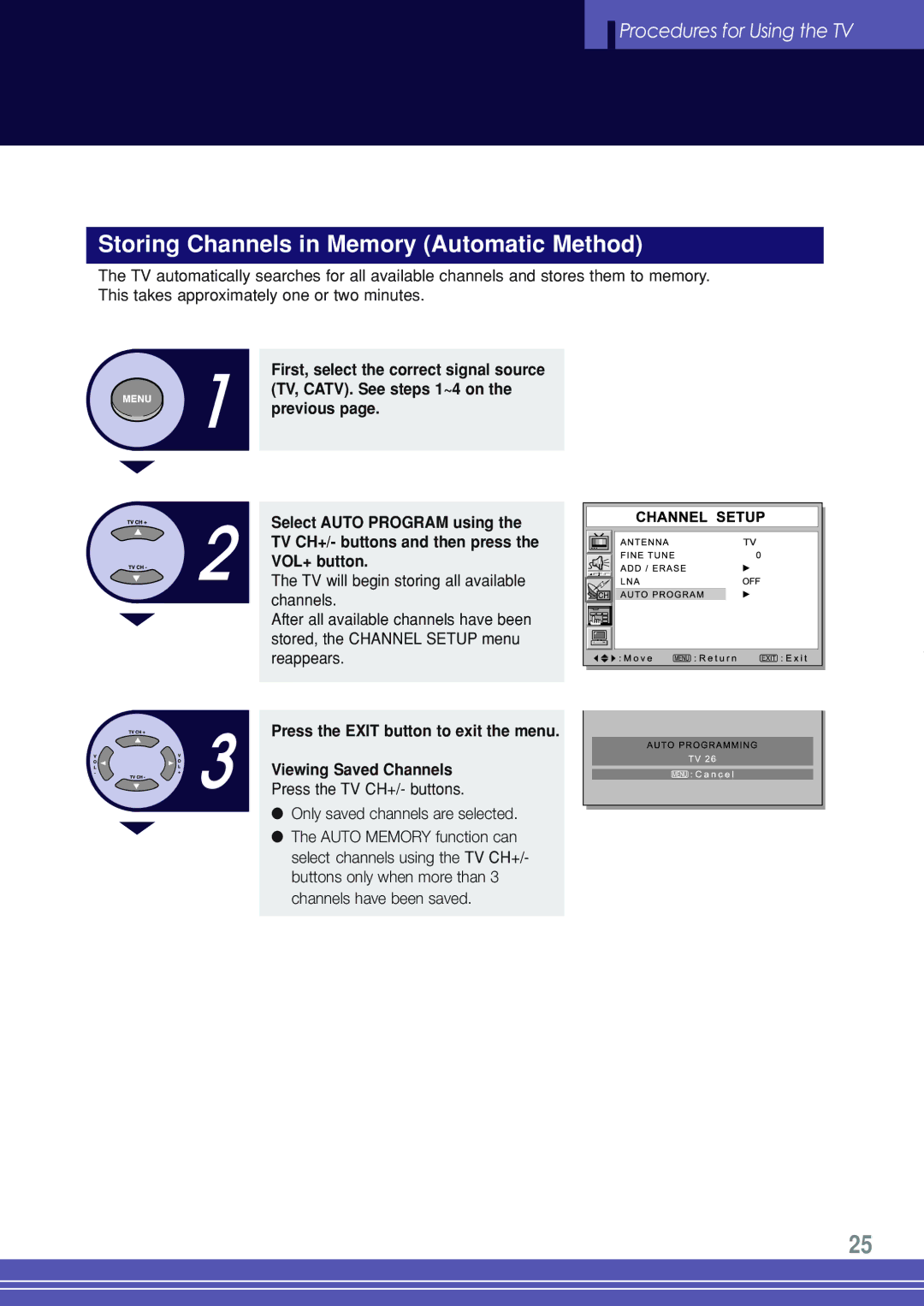 Go-Video TW1730 Storing Channels in Memory Automatic Method, Press the TV CH+/- buttons Only saved channels are selected 