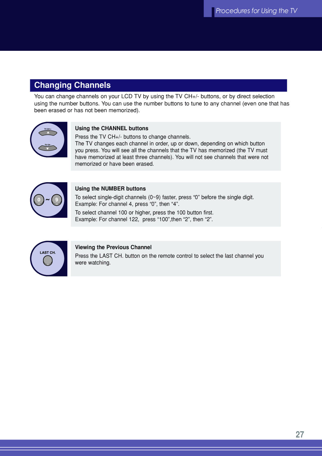 Go-Video TW1730 manual Changing Channels, Using the Channel buttons, Using the Number buttons, Viewing the Previous Channel 