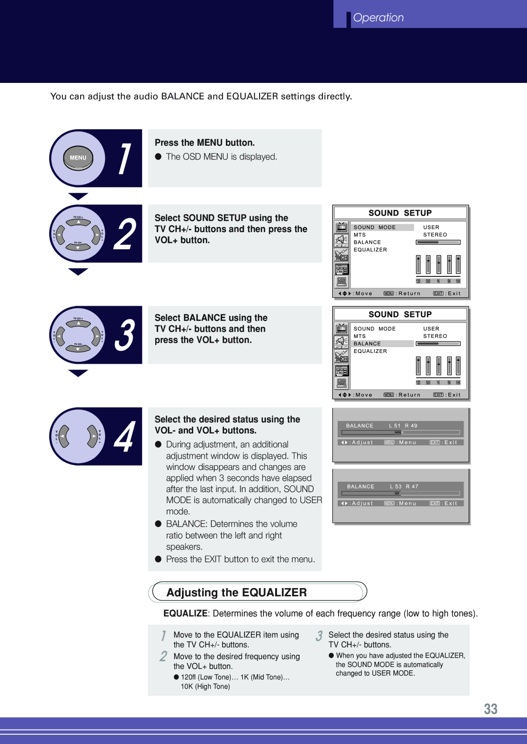 Go-Video TW1730 manual Adjusting the Equalizer, Select the desired status using the TV CH+/- buttons 