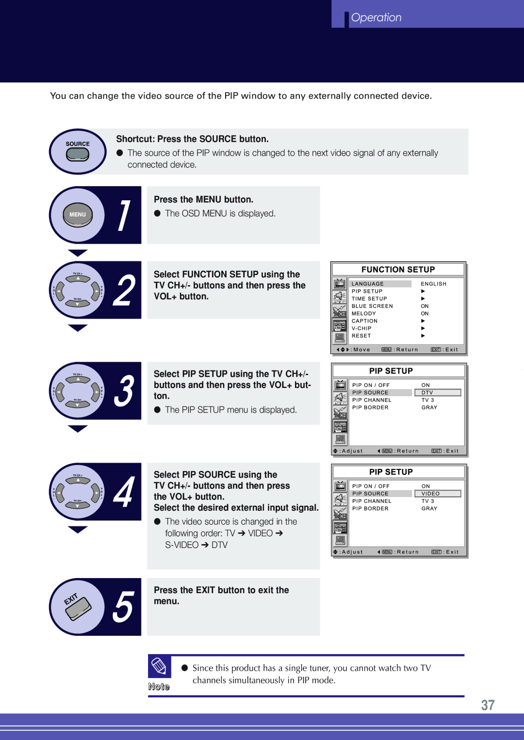 Go-Video TW1730 manual Shortcut Press the Source button, Press the Exit button to exit the menu 