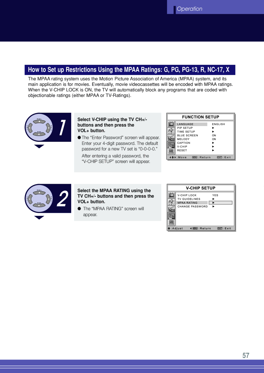 Go-Video TW1730 manual Mpaa Rating screen will appear 