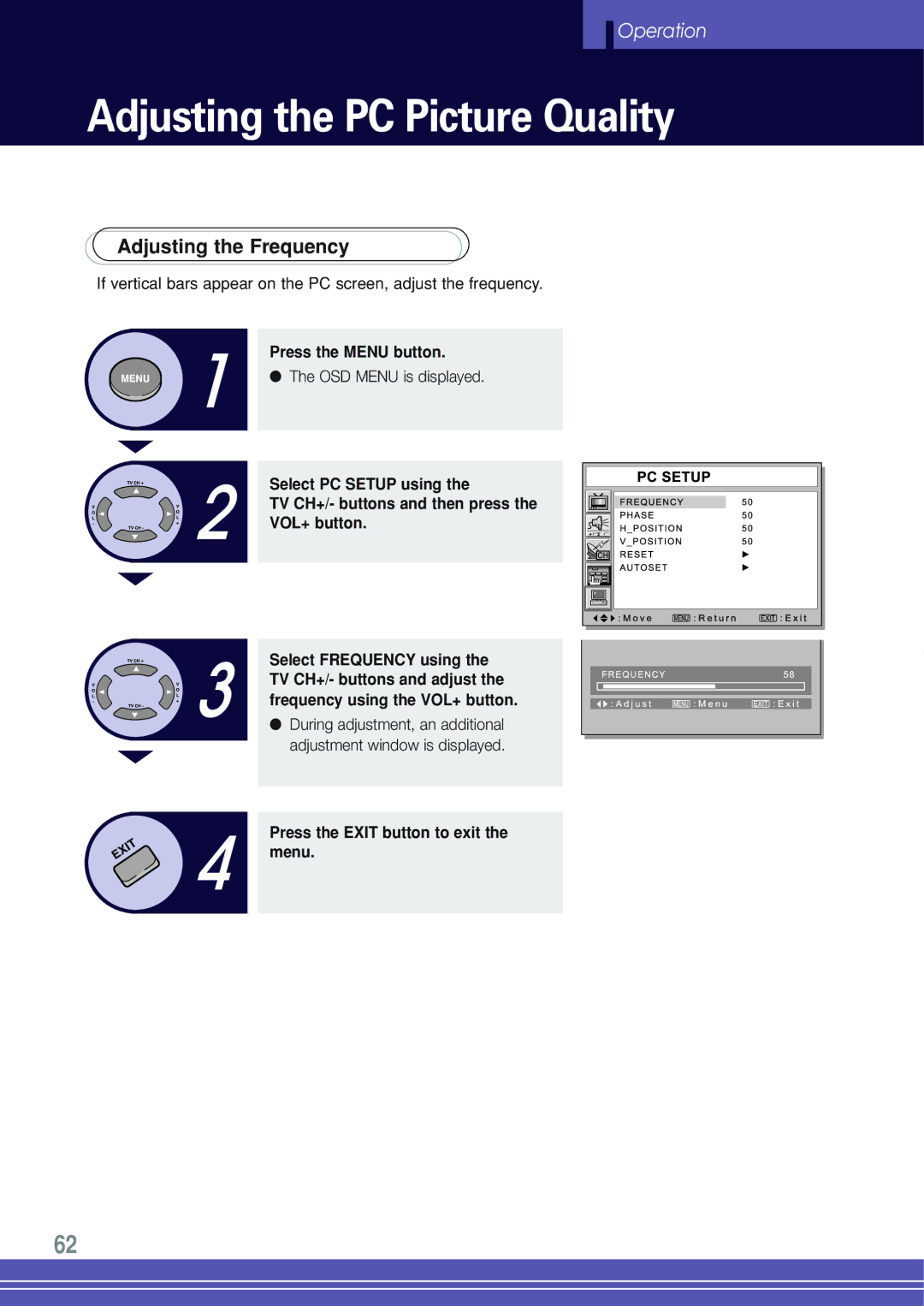 Go-Video TW1730 manual Adjusting the PC Picture Quality, Adjusting the Frequency 