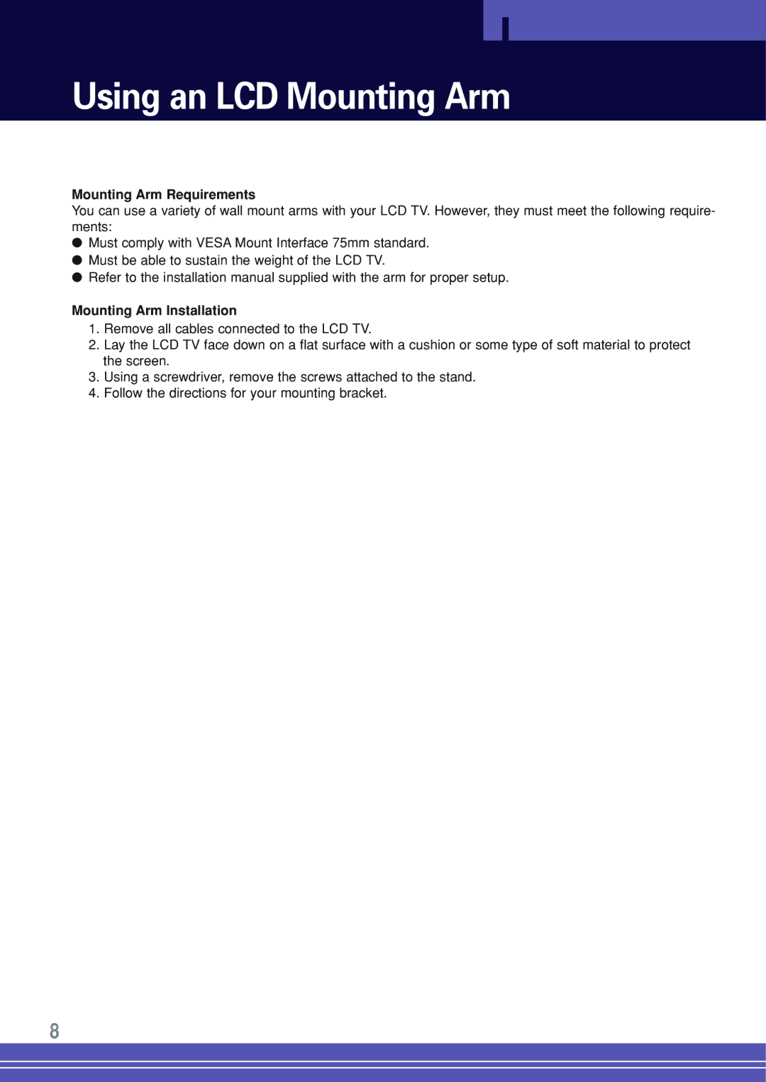 Go-Video TW1730 manual Using an LCD Mounting Arm, Mounting Arm Requirements, Mounting Arm Installation 