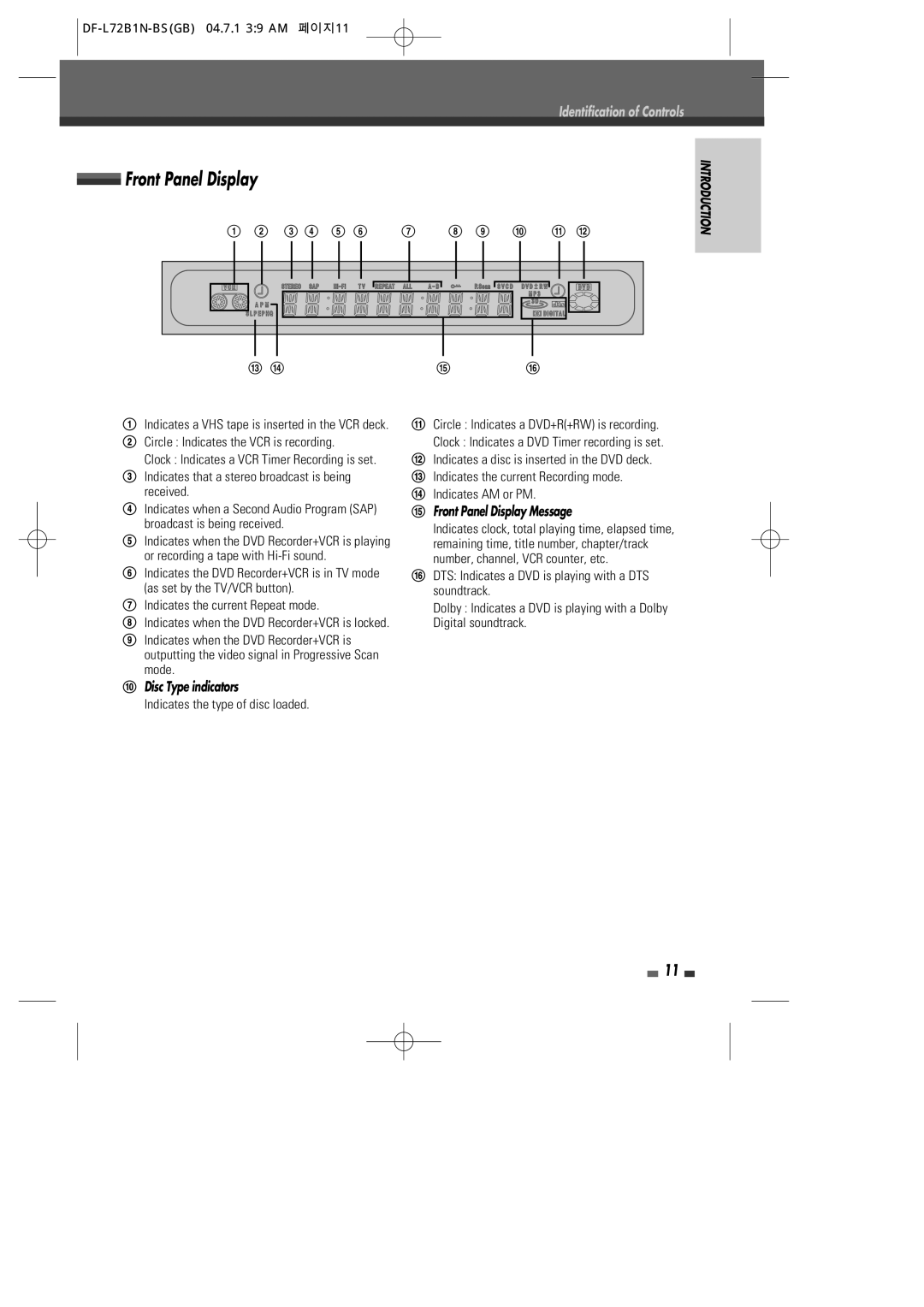 Go-Video VR2945 user manual Front Panel Display, DF-L72B1N-BSGB 04.7.1 39 AM 페이지11 