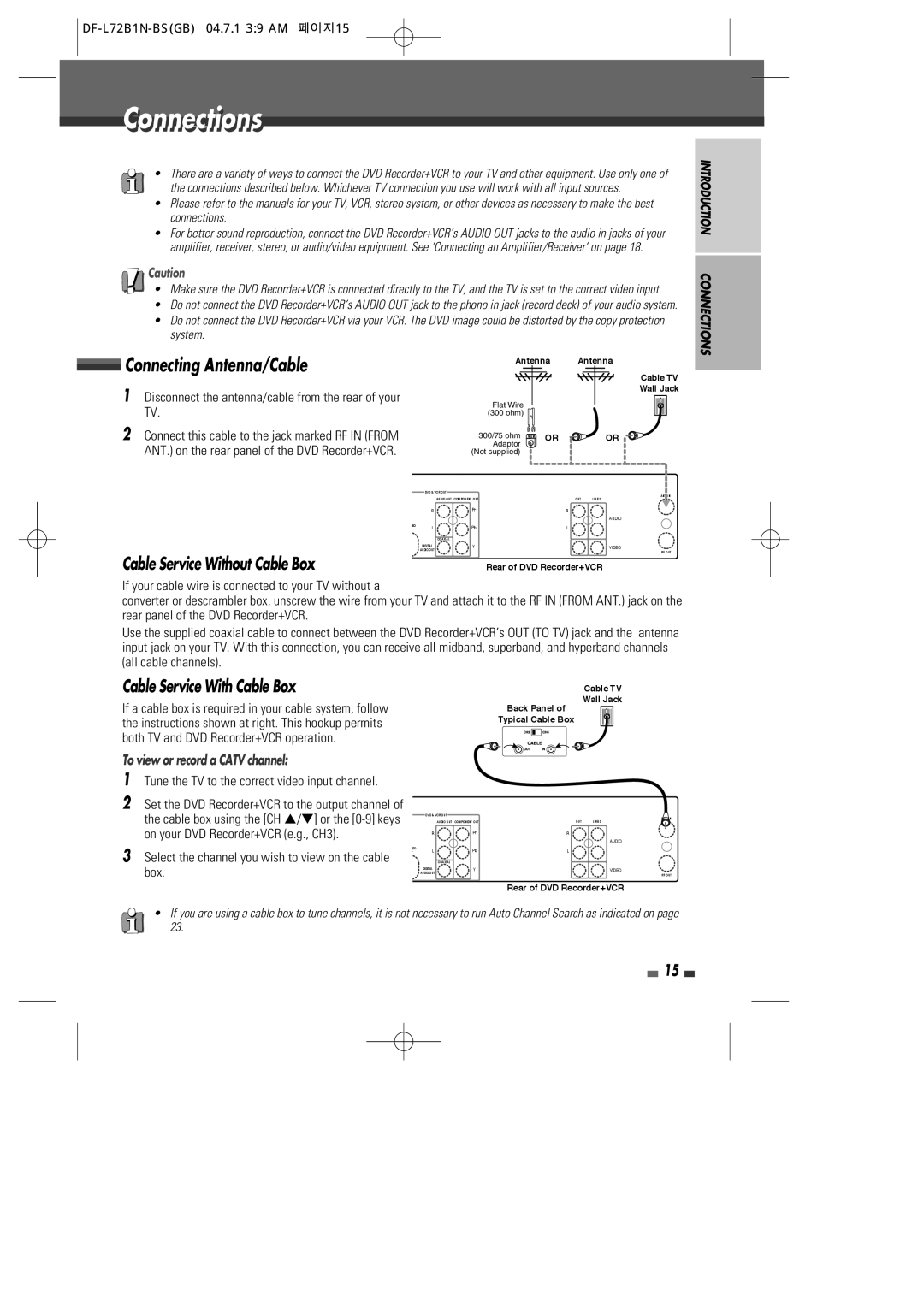 Go-Video VR2945 Connectionsti, Connecting Antenna/Cable, Cable Service Without Cable Box, Cable Service With Cable Box 