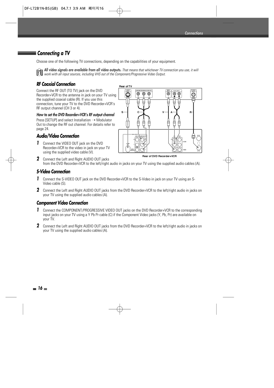 Go-Video VR2945 user manual Connecting a TV, RF Coaxial Connection, Audio/Video Connection, Component Video Connection 