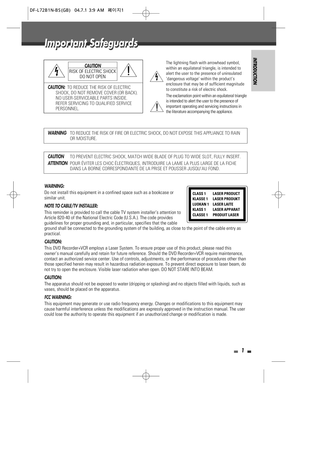 Go-Video VR2945 user manual ImportantI t t Safeguards, DF-L72B1N-BSGB 04.7.1 39 AM 페이지1 