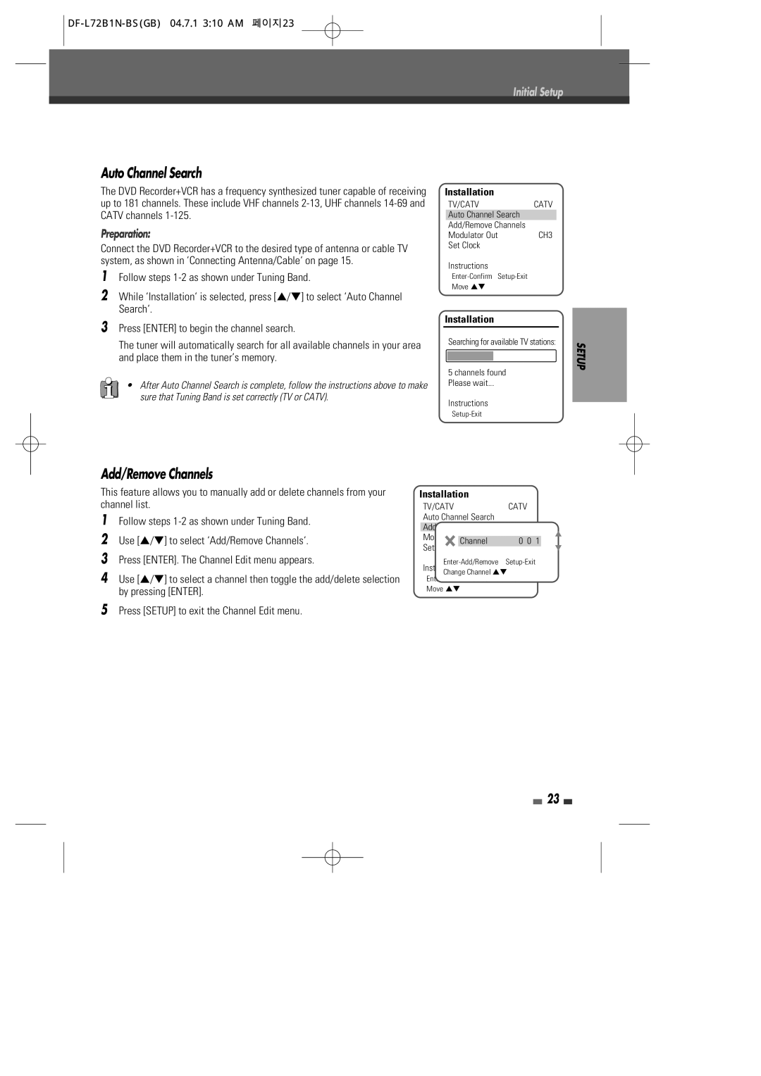 Go-Video VR2945 user manual Auto Channel Search, Add/Remove Channels, Preparation, DF-L72B1N-BSGB 04.7.1 310 AM 페이지23 