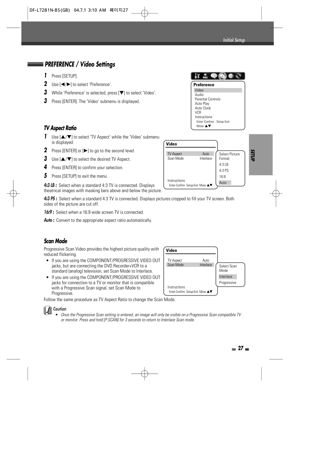 Go-Video VR2945 user manual Preference / Video Settings, TV Aspect Ratio, Scan Mode 