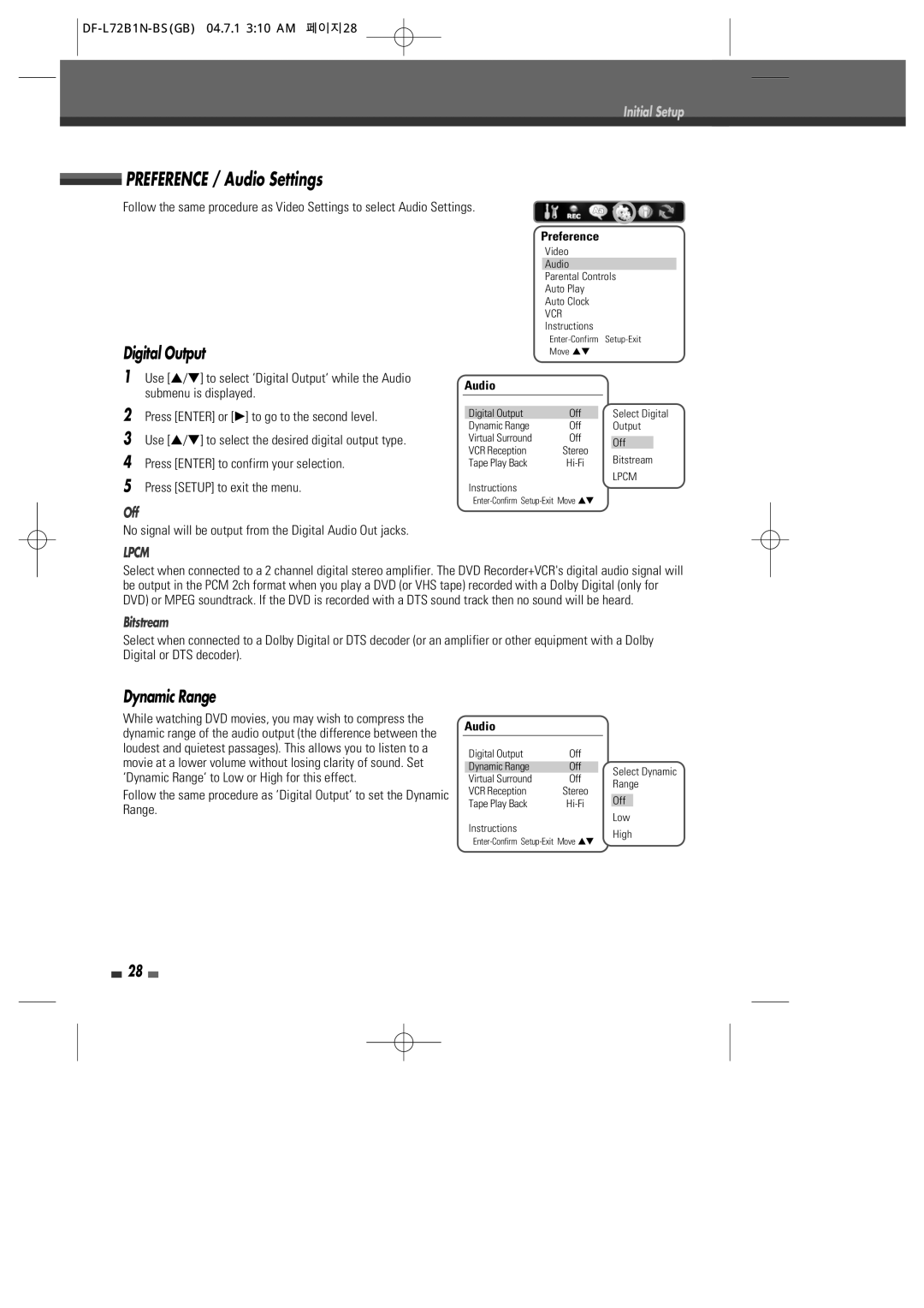 Go-Video VR2945 user manual Preference / Audio Settings, Digital Output, Dynamic Range, Off, Bitstream 