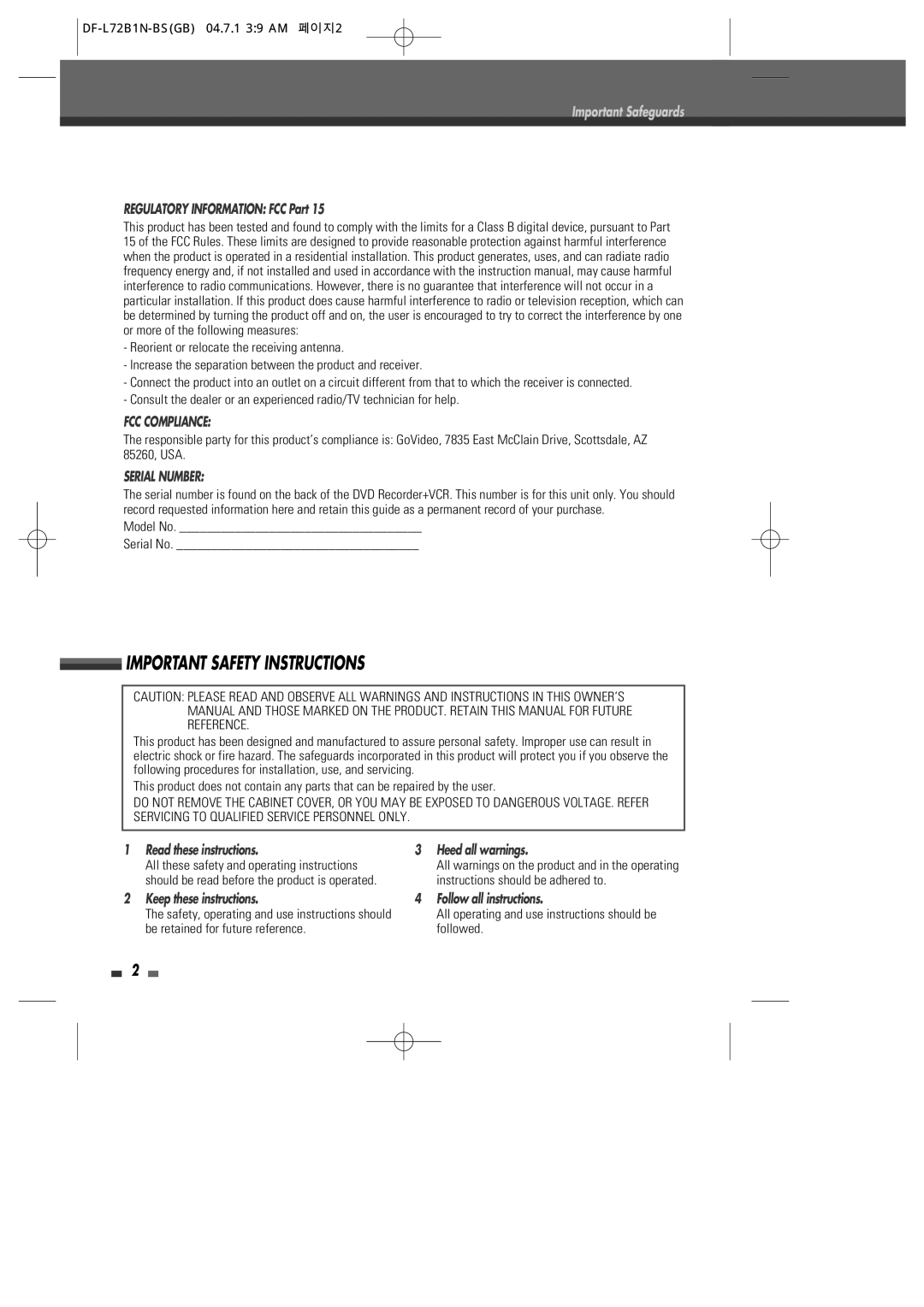 Go-Video VR2945 Regulatory Information FCC Part, Read these instructions, Keep these instructions, Model No Serial No 