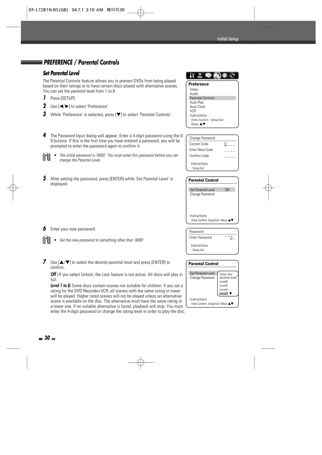 Go-Video VR2945 user manual Preference / Parental Controls, Set Parental Level, DF-L72B1N-BSGB 04.7.1 310 AM 페이지30 