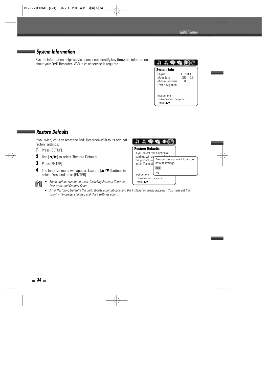 Go-Video VR2945 user manual System Information, Restore Defaults 