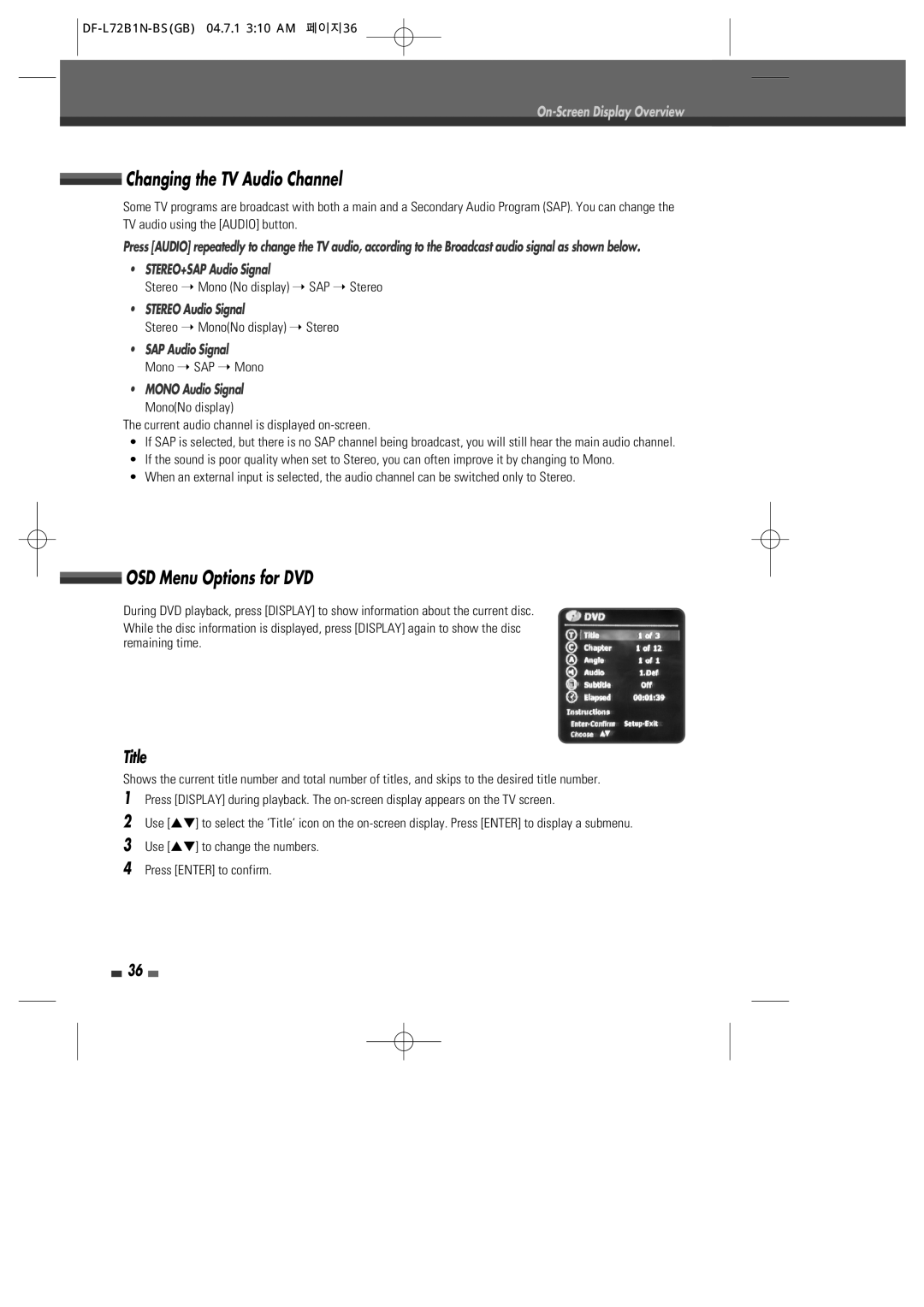 Go-Video VR2945 user manual Changing the TV Audio Channel, OSD Menu Options for DVD, Title 