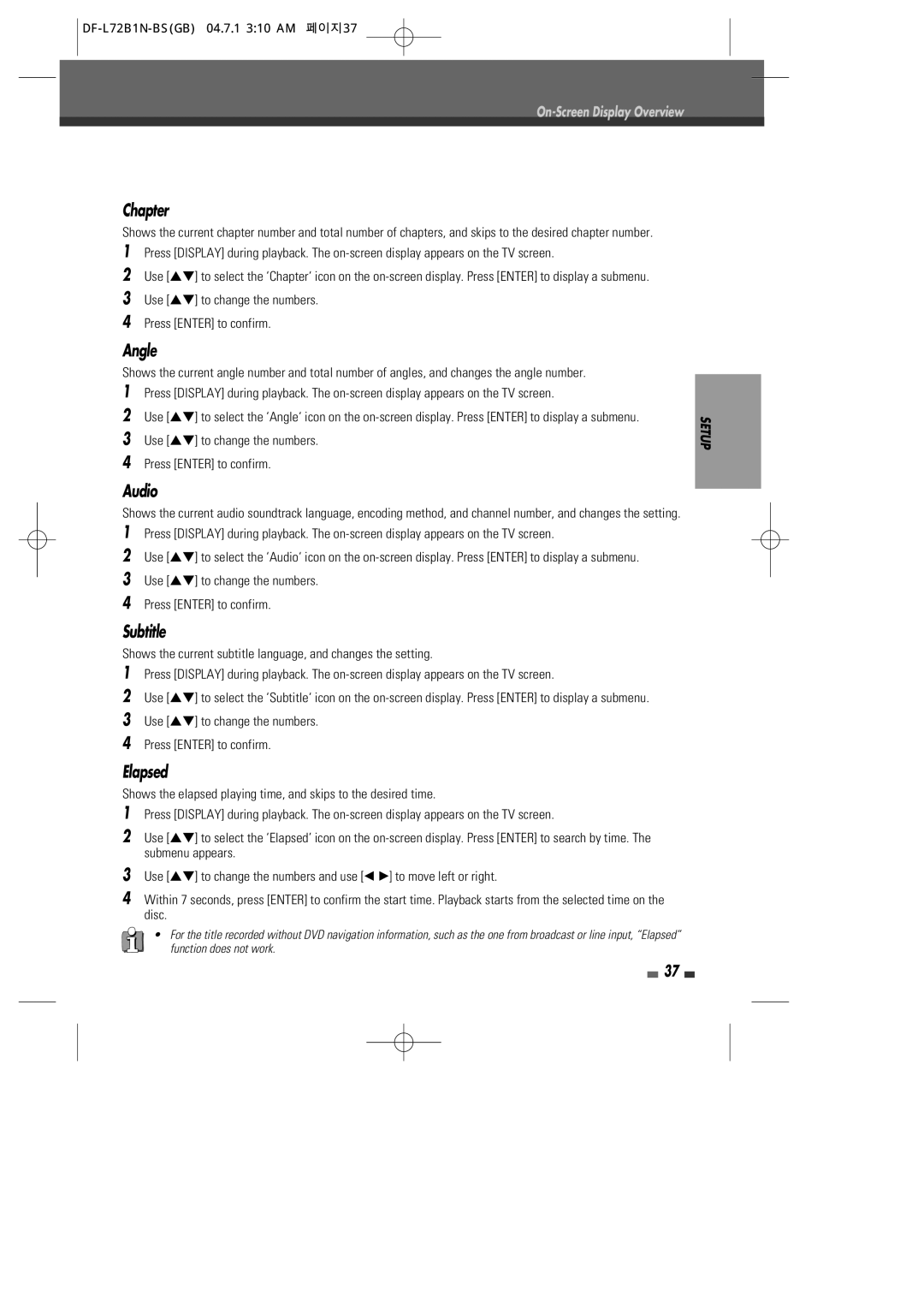 Go-Video VR2945 user manual Chapter, Angle, Audio, Subtitle, Elapsed 