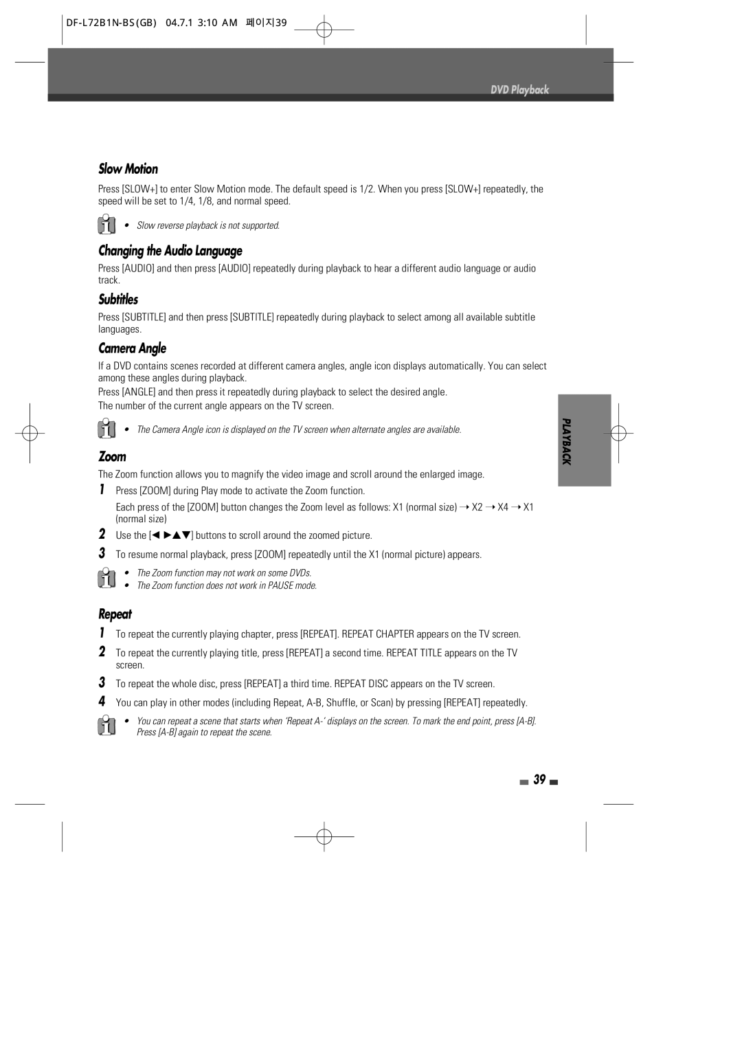 Go-Video VR2945 user manual Slow Motion, Changing the Audio Language, Subtitles, Camera Angle, Zoom, Repeat 