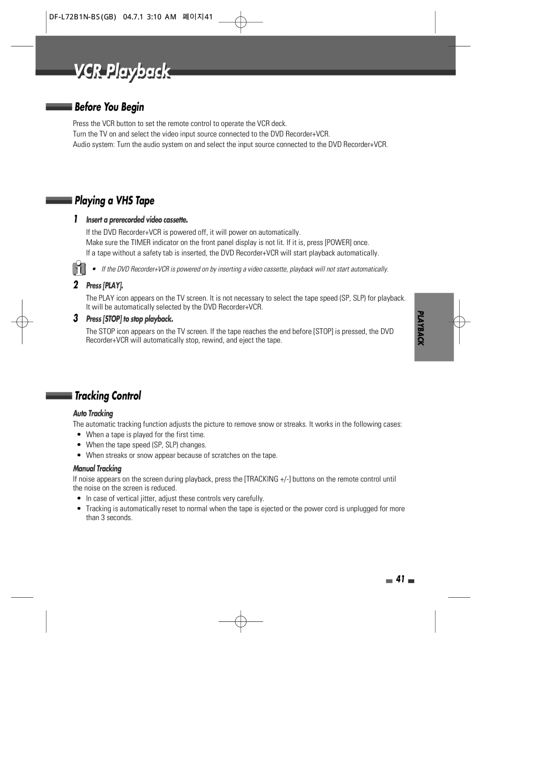 Go-Video VR2945 user manual VCR Playbackl, Before You Begin, Playing a VHS Tape, Tracking Control 