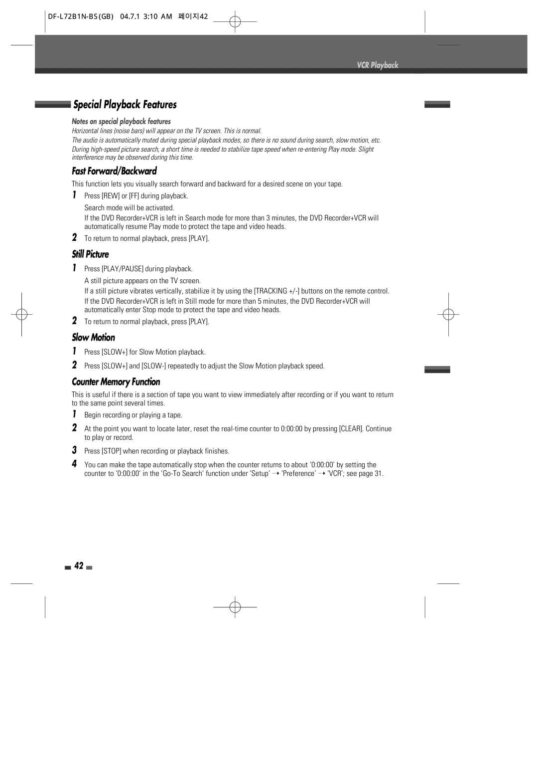Go-Video VR2945 Special Playback Features, Still Picture, Counter Memory Function, DF-L72B1N-BSGB 04.7.1 310 AM 페이지42 