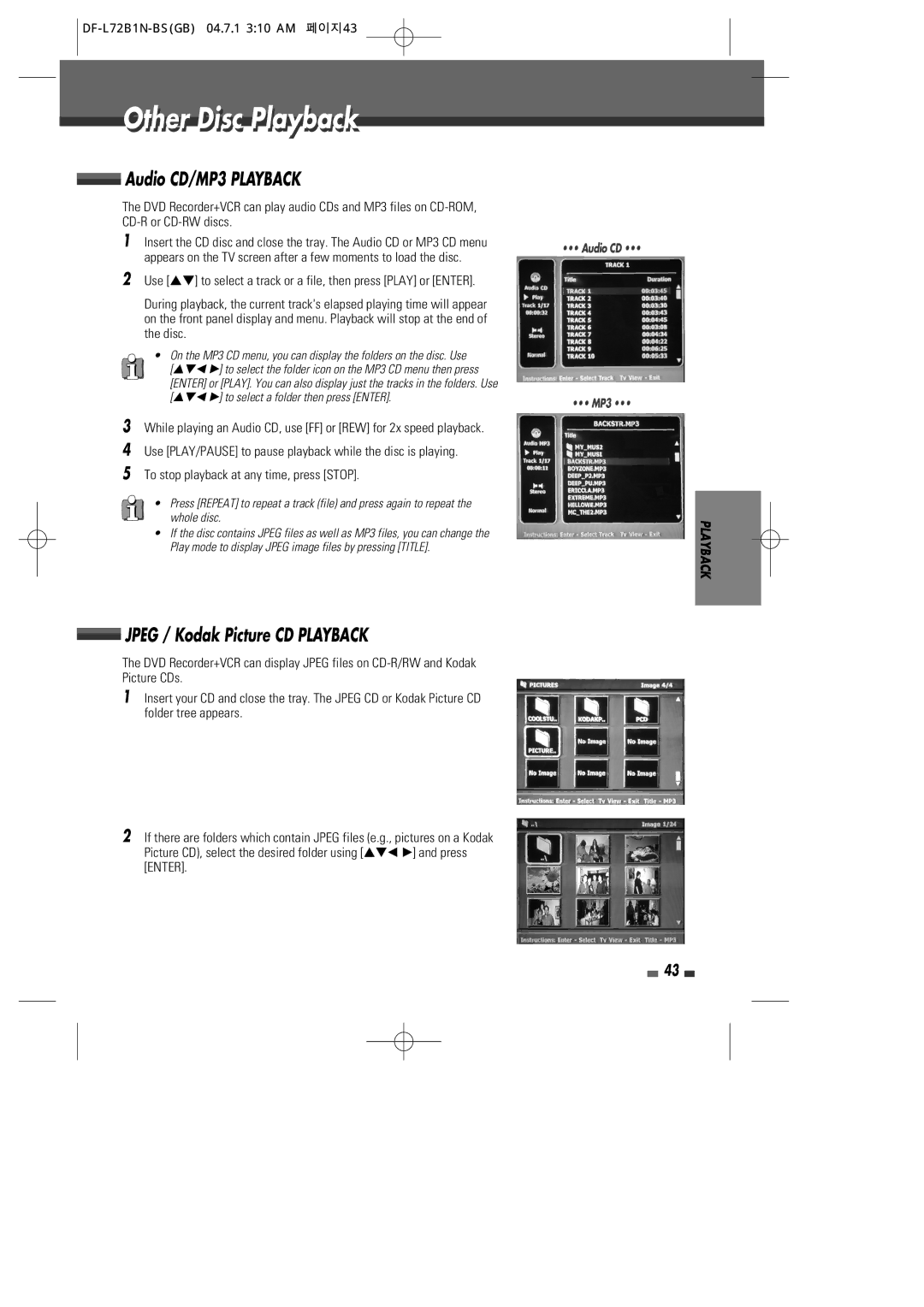 Go-Video VR2945 user manual Othert Disci Playbackl, Audio CD/MP3 Playback, Jpeg / Kodak Picture CD Playback 