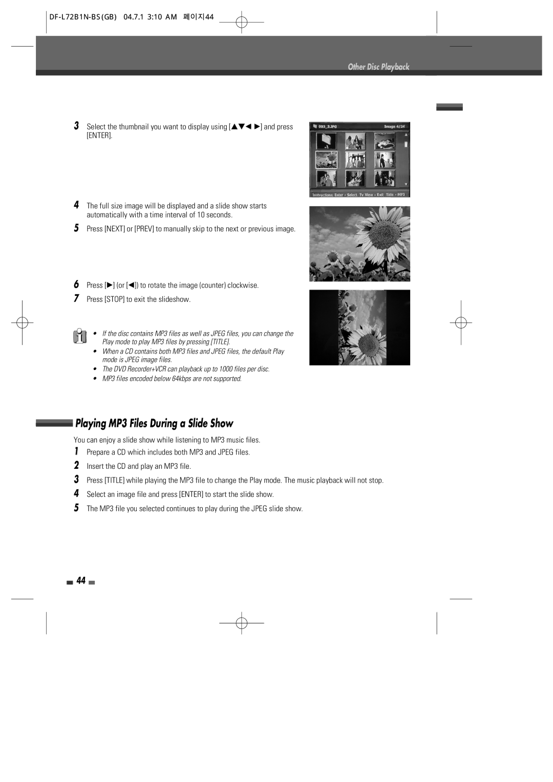 Go-Video VR2945 user manual Playing MP3 Files During a Slide Show, DF-L72B1N-BSGB 04.7.1 310 AM 페이지44 