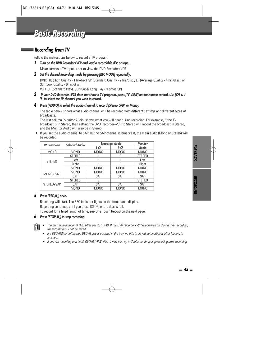 Go-Video VR2945 user manual Basicic Recordingi, Recording from TV, Press REC once, Press Stop to stop recording 