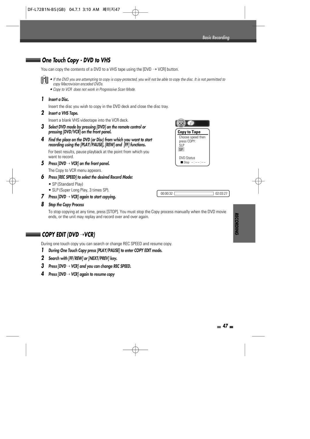 Go-Video VR2945 user manual One Touch Copy DVD to VHS, Insert a Disc, Insert a VHS Tape, Stop the Copy Process 