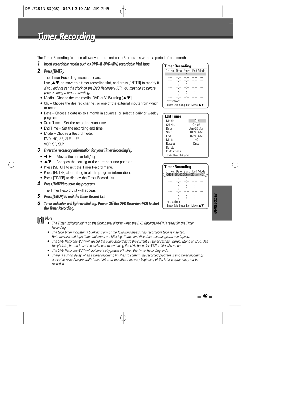 Go-Video VR2945 Timer Recording, Press Timer, Press Enter to save the program, Press Setup to exit the Timer Record List 