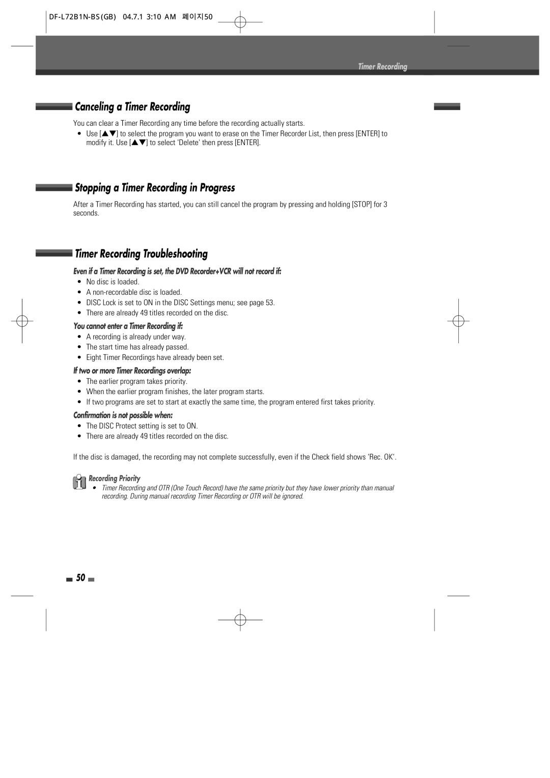 Go-Video VR2945 Canceling a Timer Recording, Stopping a Timer Recording in Progress, Timer Recording Troubleshooting 