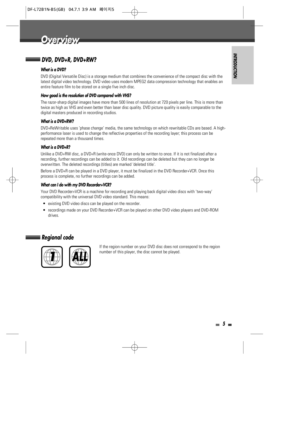 Go-Video VR2945 user manual Overviewi, Regional code, DF-L72B1N-BSGB 04.7.1 39 AM 페이지5 