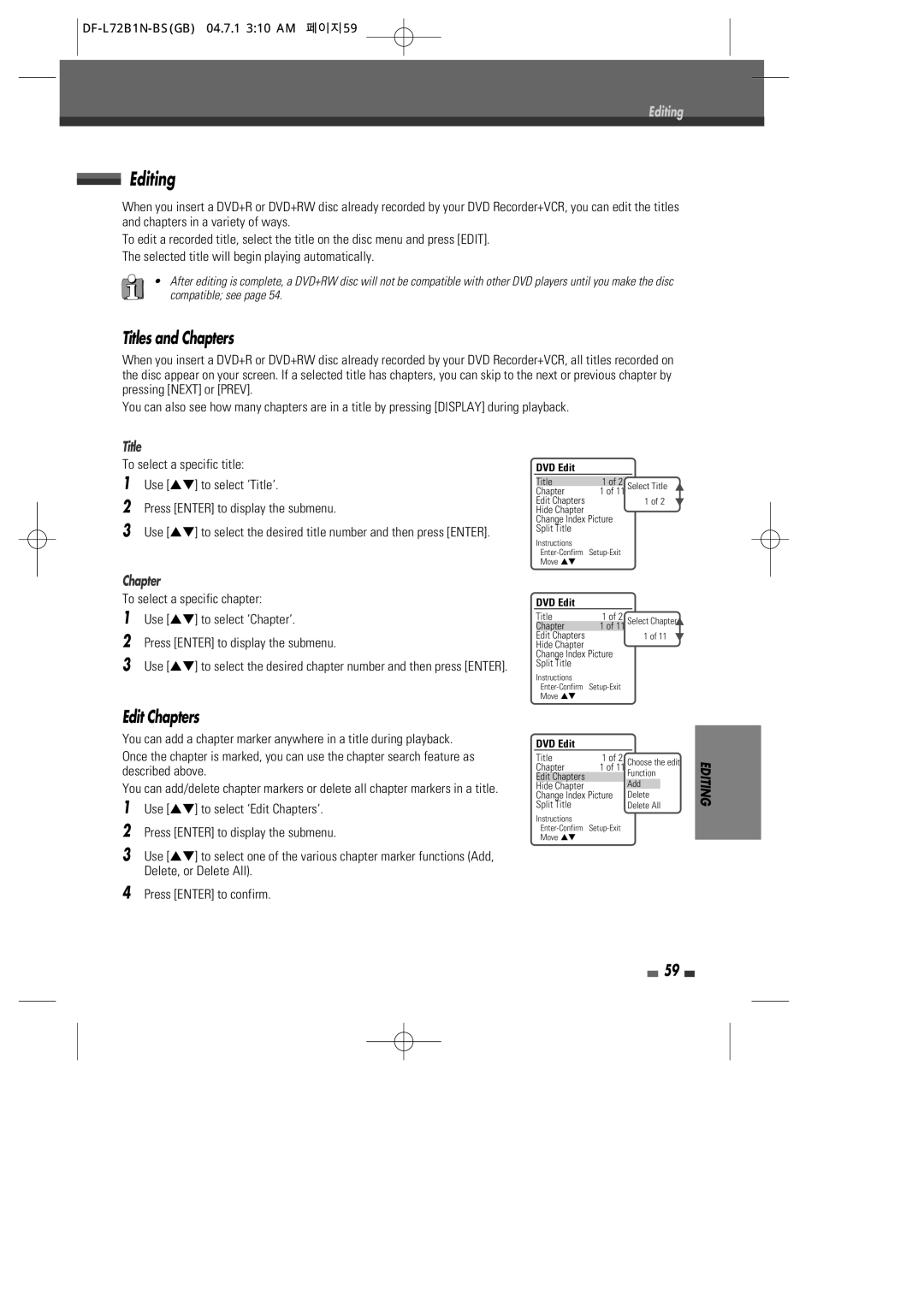 Go-Video VR2945 user manual Editing, Titles and Chapters, Edit Chapters 